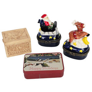 Lot of 4 miniature Christmas holiday boxes china tin resin